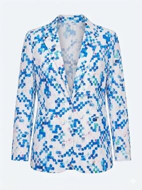 Neu Nomads Cotton Blazer Jacket Blue White Abstract Pixel Print Size Medium